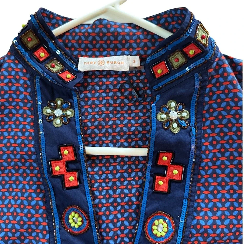 Tory Burch Blue Red Geometric Beaded Sequin Tunic Top Women's 2